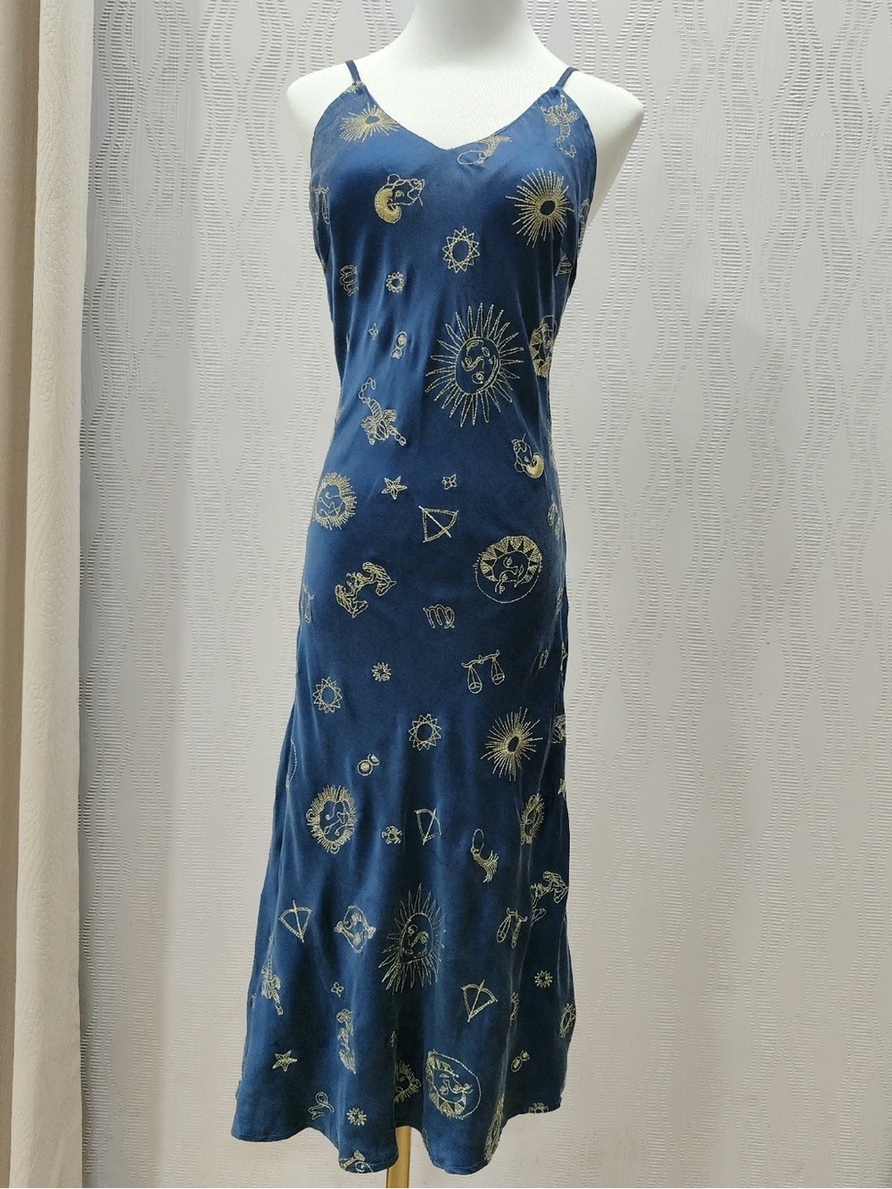 100% silk navy midi slip dress with gold constellation embroidery XS